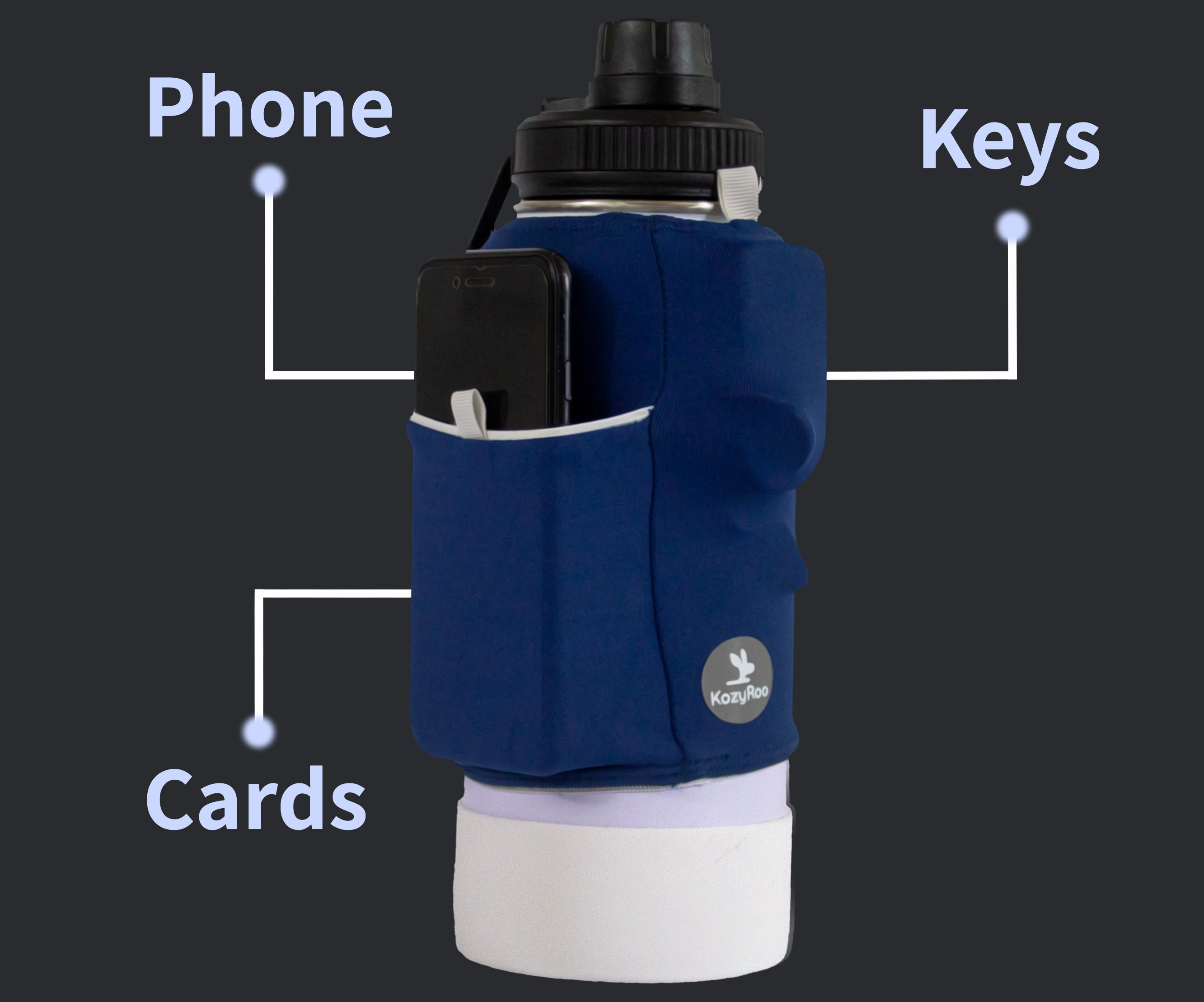 Load video: A video about the Kozy from Kozyroo.  It is a spandex sleeve that holds your phone, keys, and cards consolidated on your water bottle.  Two girls are exercising while using their Kozys.