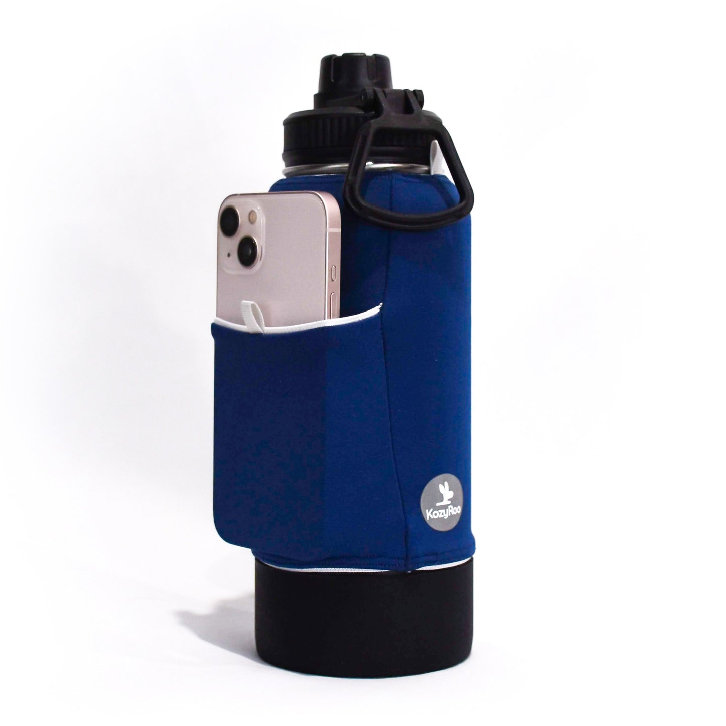 A Navy Kozy Sleeve with a cell phone on a black water bottle and there is a white background